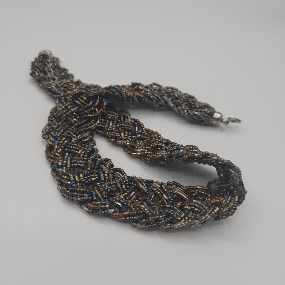 Braid Seed Bead Statement Necklace 21" Torsade Bronze Gold Tones Bib Boho Earthy - Picture 5 of 12